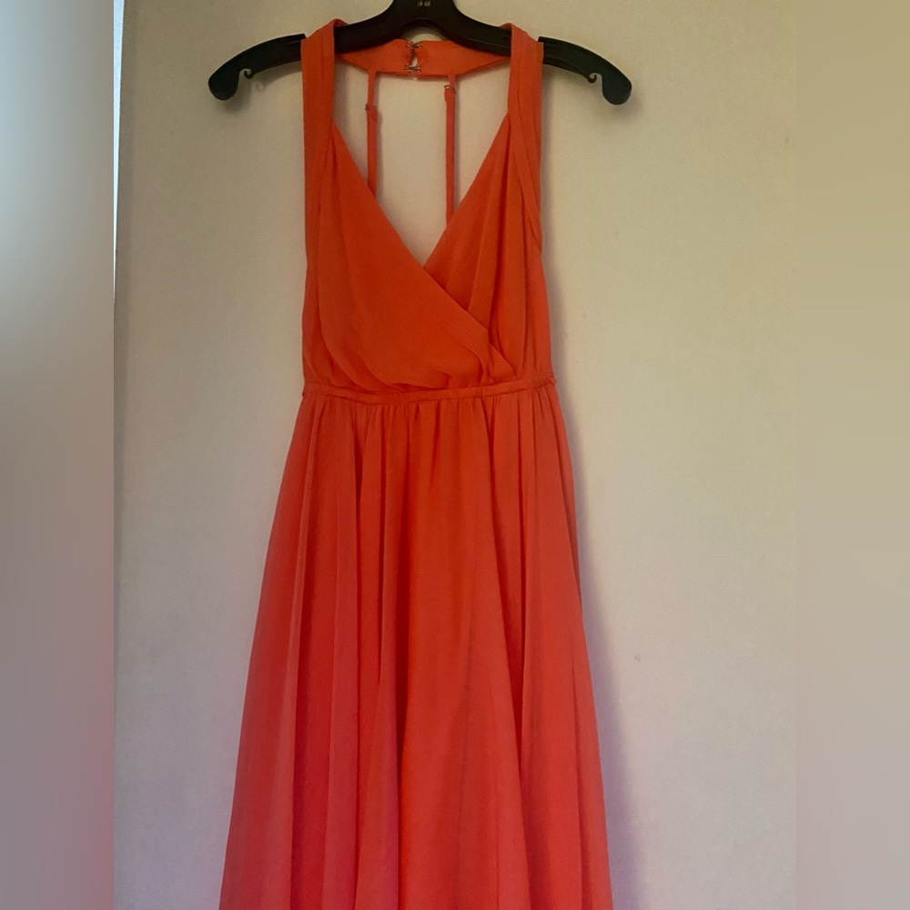 NWT BCBGMAXAZRIA Chiffon Faux Wrap High Low Halter Dress Tie At Waist Salmon XXS